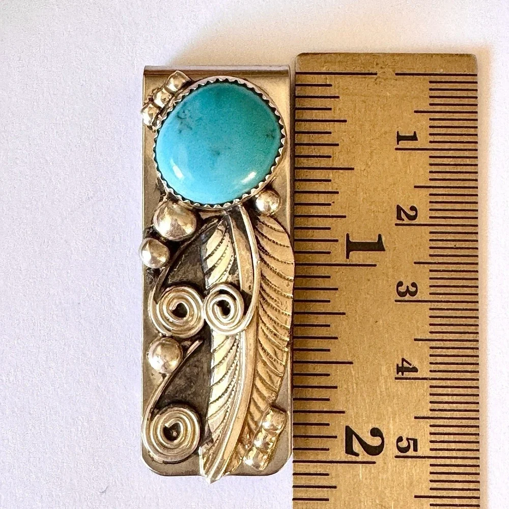 Navajo Natural Turquoise Money Clip Silver 2in Mens Gift Handmade Sally Arviso